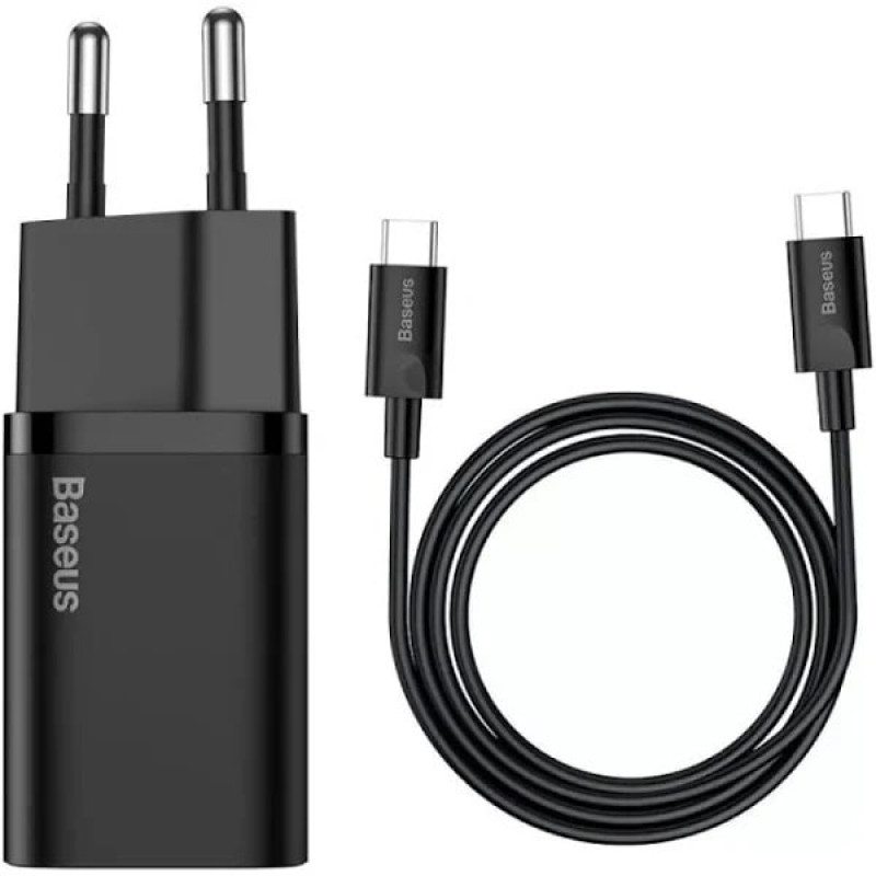 МЗП Baseus Super Silicone PD Charger 25W (1Type-C) + Cable Type-C to Type-C 3A (1m) Black