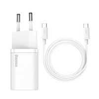 СЗУ Baseus Super Silicone PD Charger 25W (1Type-C) + Cable Type-C to Type-C 3A (1m) White